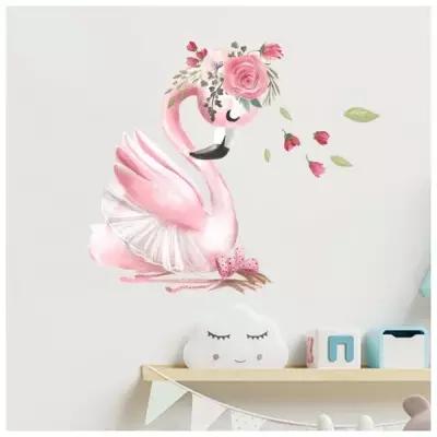 Romanoff Наклейка пластик интерьерная цветная "Фламинго в балетной пачке с цветами" 30х60 см